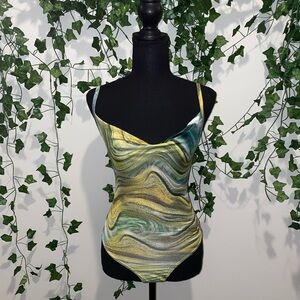 Pretty Little Thing | Bright Green Abstract Soft Touch Cowl Neck Bodysuit